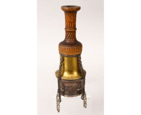 19TH CENTURY PERSIAN QAJAR ISLAMIC BRASS HUQQA TOP WITH A SILVER WIND GUARD, with a wooden sleeve carved, 21cm x 8cm