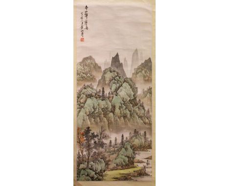 A GOOD CHINESE PAINTED SCROLL OF A LANDSCAPE, the painting depicting a native view of a landscape, the upper section with cal