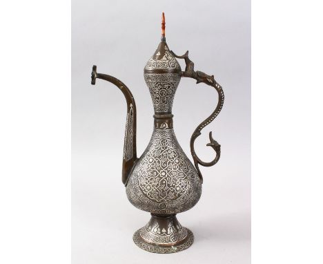 A LARGE FINE QUALITY 19TH CENTURY DAMASCUS MAMLUK REVIVAL CAIROWARE EWER, the ewer with silver inlay decoration depicting nat