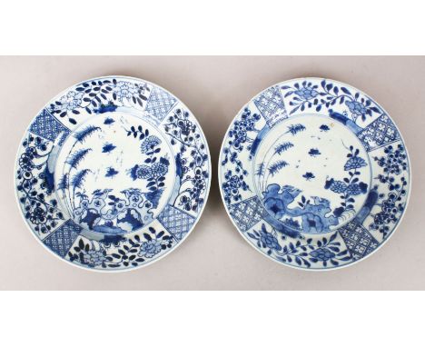 A GOOD PAIR OF 18TH CENTURY CHINESE BLUE &amp; WHITE PORCELAIN PLATES, each with panel decoration depicting birds and native 