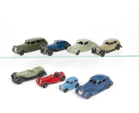 Post-War Dinky Toy Cars, including 38f Jaguar SS100, red body, maroon interior, 30c Daimler, 39c Lincoln Zephyr, 39a Packard 