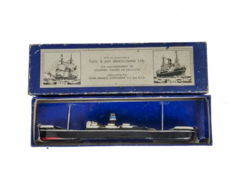 Thos &amp; Jno Brocklebank waterline model of 1930's Cargo ship given to clients of Brocklebank Ltd made of white metal depic