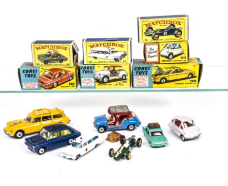 Boxed Corgi Toy Cars, 251 Hillman Imp, metallic dark blue body, yellow interior, 240 Ghia-Fiat 600 Jolly, blue body, 233 Hein