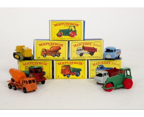 Matchbox Lesney 1-75 Series Construction Vehicles, 2 Muir Hill Dumper 'Laing', 60 Morris J2 Pick-Up, BPW, 26 Cement Lorry, BP