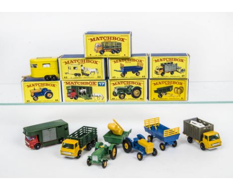 Matchbox Lesney 1-75 Series Farm Vehicles, 43 Pony Trailer, 40 Hay Trailer, 51 Tipping Trailer, 50 John Deere Lanz Tractor, 1
