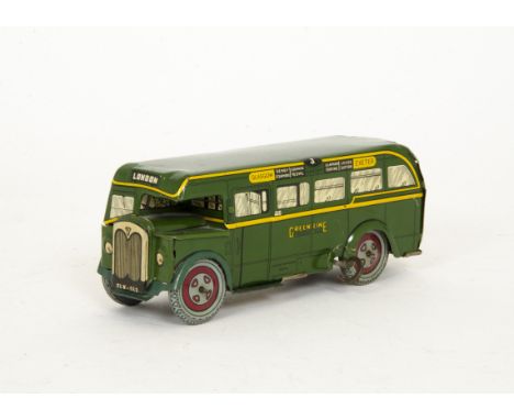 A Wells Brimtoy Tinplate Clockwork No.122 Green Line Bus, large scale bus in dark green with yellow trim, detailed tinprinted