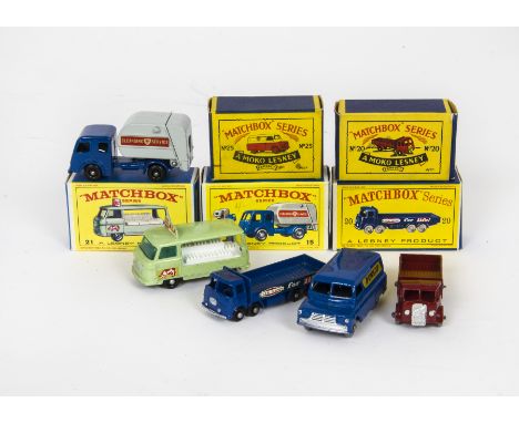 Matchbox Lesney 1-75 Series Commercial Vehicles, 20 ERF Transport Lorry, BPW, 15 Dennis Refuse Truck, 25 Bedford Dunlop Van, 