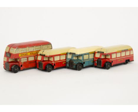 Chad Valley Tinplate Clockwork Buses, three single deck buses, two red, one blue, one double decker in red, P-F, blue single 