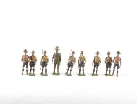 Britains pre WW2 version Boy Scouts (13) and Scoutmaster, with Girl Guider, F-G, a few faults, (15) 1 scout missing right arm