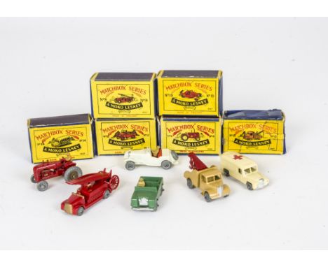 Matchbox Lesney 1-75 Series, 19a MG Midget TD, off-white body, 13a Bedford Wreck Truck, 4a Massey Harris Tractor, 9a Dennis F