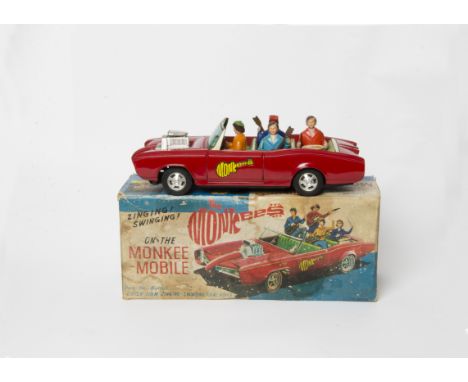 Aoshin Japan Tinplate The Monkees Monkee-Mobile, battery-operated red tinplate Pontiac GTO, detailed tinprinted interior, sil