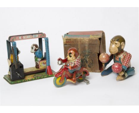 A Yoneya (S.Y) Japan Tinplate Mechanical Playful Animal Swing, Bandai tinplate clockwork Mechanical Monkey Cycle (remains of 
