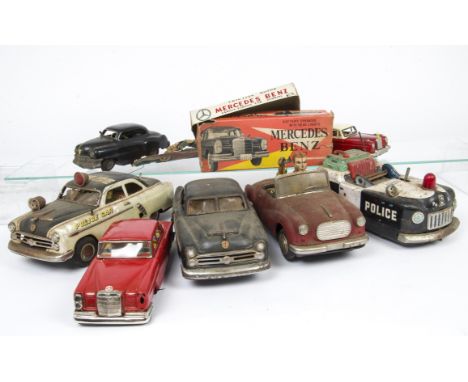 Japanese Tinplate Cars, including Ichimura friction drive Mercedes Benz, Nihon Boeki battery-operated Electric Cadillac, batt