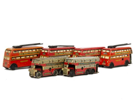Well Brimtoy Pocketoy Series No.503 Omnibus, two similar examples, detailed tinprinted body, clockwork motor, black plastic w