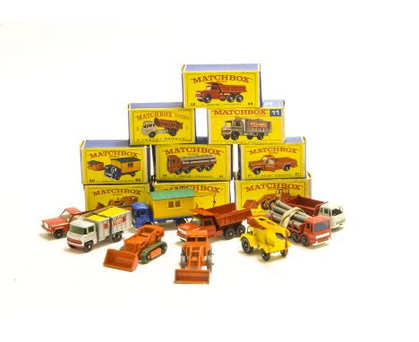 Matchbox Lesney 1-75 Series Construction Vehicles, 3 Bedford Tipper Truck, 48 Dodge Dump Truck, 60 Site Office Truck, 11 Scaf