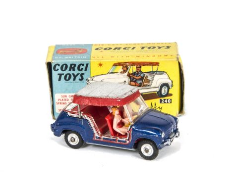 A Corgi Toys 240 Ghia-Fiat 600 Jolly, metallic dark blue body, red interior, two figures, spun hubs, in original box, G-VG, w