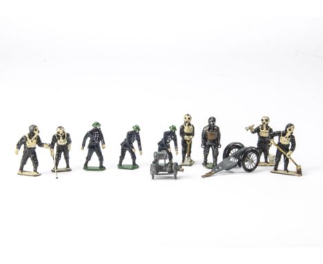 Chemical decontamination set by Taylor &amp; Barrett (5), with pump, recast Firemen (3), Britains stretcher bearer with nurse