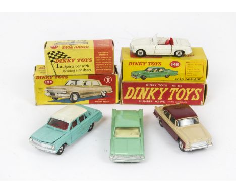 Dinky Toy Cars, 196 Holden Special Sedan, turquoise body, white roof, red interior, 165 Humber Hawk, cream/maroon, 113 MGB, 1