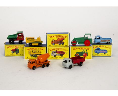 Matchbox Lesney 1-75 Series Construction Vehicles, 2 Muir Hill Dumper 'Laing', 60 Morris J2 Pick-Up, BPW, 26 Cement Lorry, BP