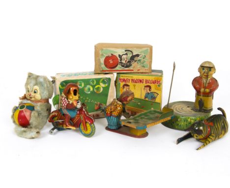 Japanese Novelty Tinplate Toys, including Exelo Bubble Gun, T.P.S Monkey Playing Billiards, Fukuda Playful Cat, in original b