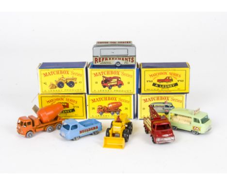 Matchbox Lesney 1-75 Series Vehicles, 26b Foden Cement Mixer, GPW, 60a Morris J2 Pick-Up, SPW, 43b AB Tractor Shovel, 74a Mob