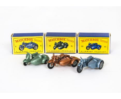 Matchbox Lesney 1-75 Series Motorcycles, 4 Triumph Motorcycle &amp; Sidecar, 66 Harley-Davidson Motorcycle &amp; Sidecar, 36 