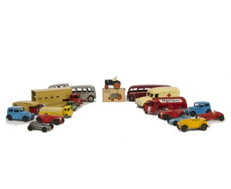 Dinky Toys 35a Saloon Car (2), blue, 35b Racer, red, 35c MG Sports Car (2), red, 35d Austin Open Tourer, yellow, Luxury Coach