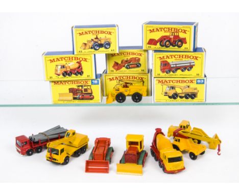 Matchbox Lesney 1-75 Series Construction Vehicles, 69 Hatra Tractor Shovel, 10 Pipe Truck, 16 Case Tractor, 11 Jumbo Crane, 6