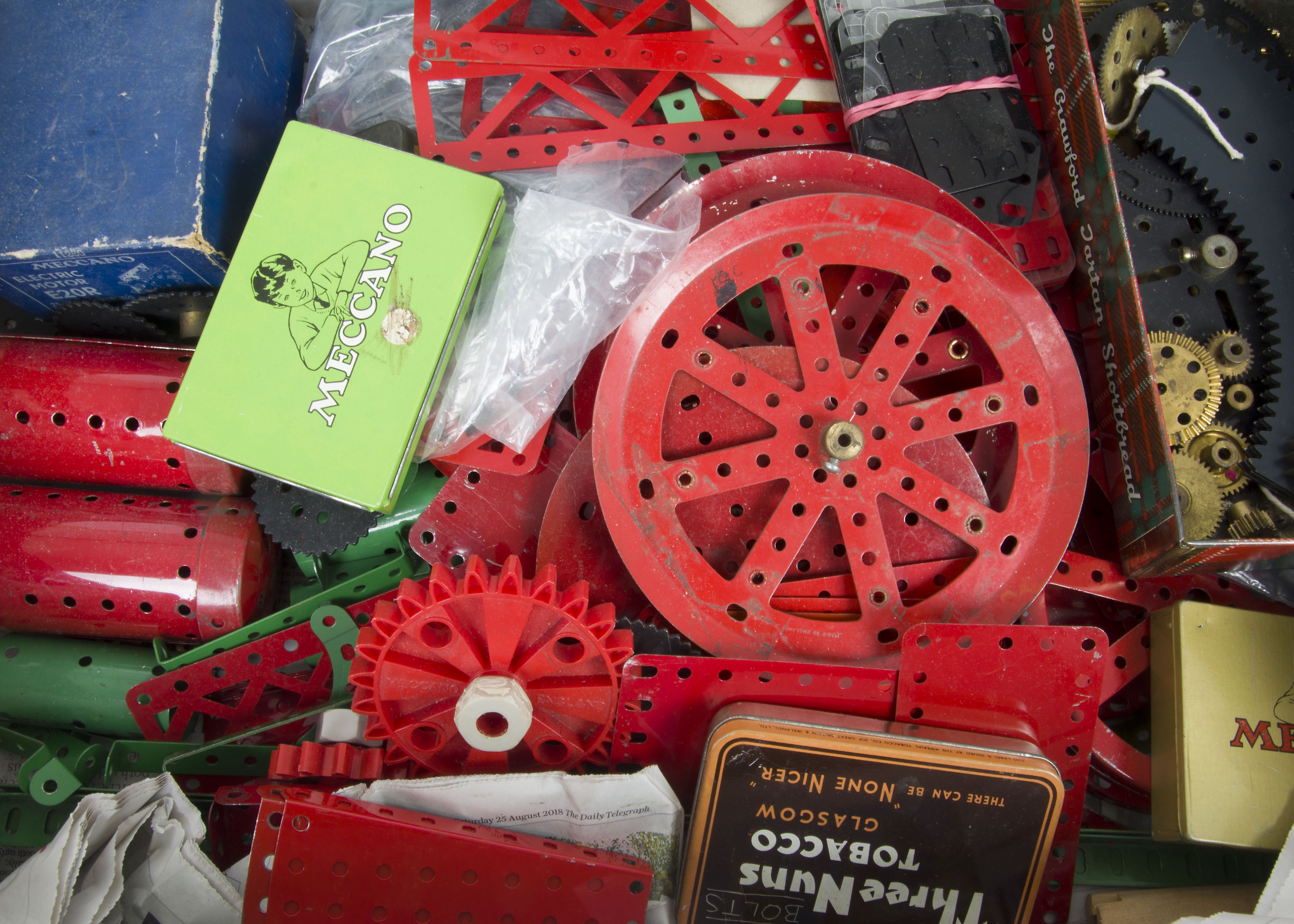 1950's1960s Meccano including E20R Electric Motor, various sprockets, gears, gold and green tins