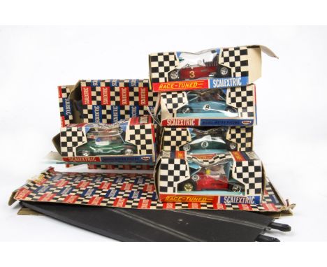 Tri-ang Scalextric Slot Racing Cars, C9 Ferrari GP, C75 Mercedes, C88 Cooper, C8 Lotus Indianapolis GP, in original box with 