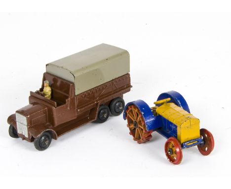 Pre-War Dinky Toys 22e Farm Tractor, yellow body, blue chassis, red wheels, 'Dinky Toys' cast-in, F, wheels partly repainted,