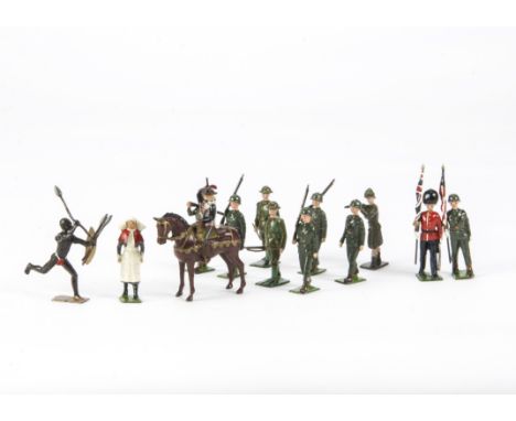 Various loose Britains military figures comprising Scots Guards Colour Bearers from set 82 (2),  Zulus from set 147 (2), set 