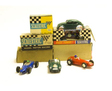 Scalextric Slot Cars, C5 Europa Vee, B1 Typhoon, C76 Mini Cooper, C7 Rally Mini Cooper, in original boxes, with loose AC Cobr