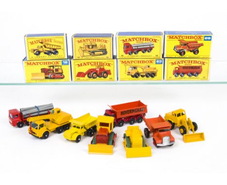 Matchbox Lesney 1-75 Series Construction Vehicles, 6 Euclid Quarry Truck, 18 Caterpillar Bulldozer, 10 Pipe Truck, 17 8-Wheel