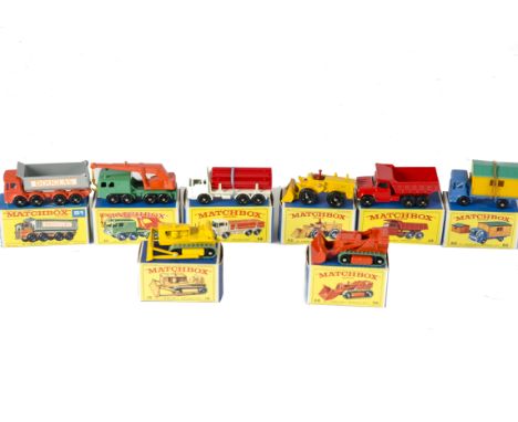 Matchbox Lesney 1-75 Series Construction Vehicles, 51 8 Wheel Tipper, 30 8-Wheel Crane, 58 DAF Girder Truck, 43 Tractor Shove