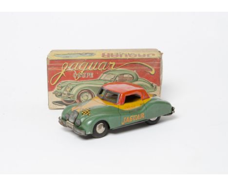A Bandai Japan Tinplate Jaguar Official Pace Car, friction drive model, turquoise/yellow tinplate body, red roof, '500 Mile R