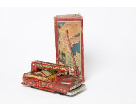 A Mizuno (M) Japan Tinplate Electro-Toy Fire Engine, battery-operated model, detailed tinprinted body with extendable ladder,