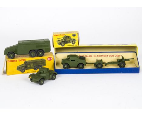 Dinky Toys 697 25-Pounder Field Gun Set, comprising 688 Field Tractor, 687 Trailer, 686 Field Gun, ridged hubs, 677 Armoured 