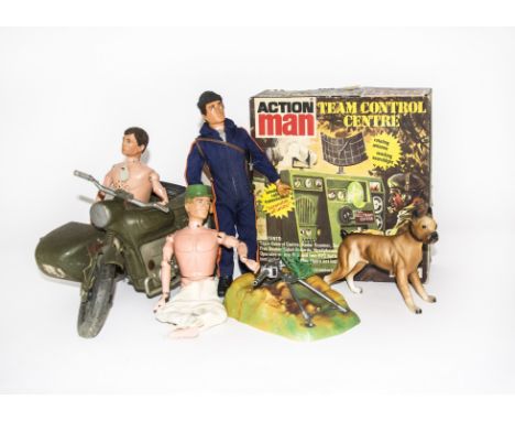 Vintage Action Man, large collection including Palitoy Team Control Centre, in original box, four figures, all flock haired, 