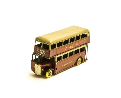 A Tri-ang Minic Pre-War 60M Double Decker Bus, tinplate clockwork model, maroon body, stone roof, 'AYV604' registration, 'Ova