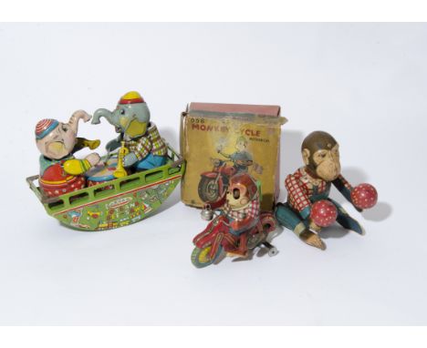 A Masuya (MS) Japan Tinplate Clockwork Toyland See-Saw, Bandai tinplate clockwork Mechanical Monkey Cycle (remains of origina