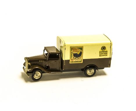 A Tri-ang Minic 79M GWR Great Western Railway Van, tinplate clockwork model, brown cab, cream/brown back, 'Pedigree Prams' an