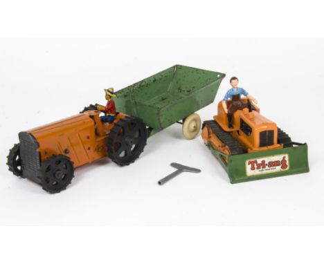 Tri-ang Toys Tinplate Clockwork Pre-War No.2 Farm Tractor &amp; Trailer, orange tinplate Tractor, detailed tinprinted driver,