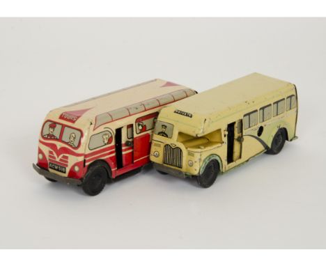 Wells Brimtoy Pocketoy Series Touring Coach, red and cream tinplate body, friction drive motor, with similar cream and green 