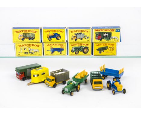 Matchbox Lesney 1-75 Series Farm Vehicles, 43 Pony Trailer, 40 Hay Trailer, 51 Tipping Trailer, 50 John Deere Lanz Tractor, 1