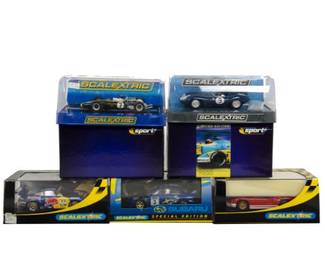 Modern Scalextric, C3730 Jaguar D-Type, C2275 Porsche 911 GT3R, C2398A Renault R23 F1, C2424 Ford GT40 MkII, C2455A Toyota F1