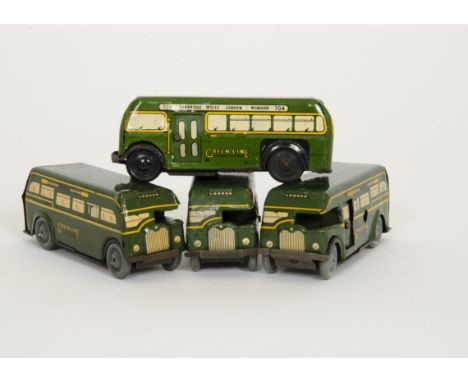 Wells Brimtoy Pocketoy Series Green Line Buses, four examples, three tinplate clockwork, half cab with grey plastic wheels, f