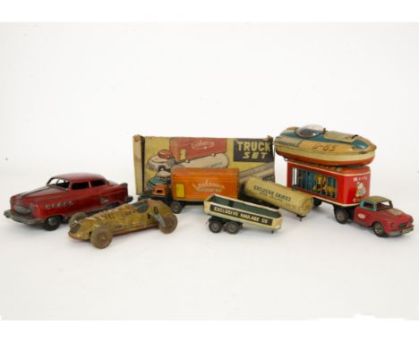 Alps Japan Tinplate Friction Drive Truck Set, comprising Tractor Unit with three differing trailers, in original box, loose M