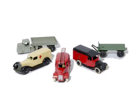 Dinky Toy Small Commercials, 34b Royal Mail Van, open rear windows, 33w Mechanical Horse &amp; Wagon, grey, 25h Streamlined F