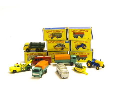 Matchbox Lesney 1-75 Series Vehicles, 66 Greyhound Coach, clear windows, 1 Mercedes Truck (2), 4 Stake Truck, 13 Dodge Wreck 
